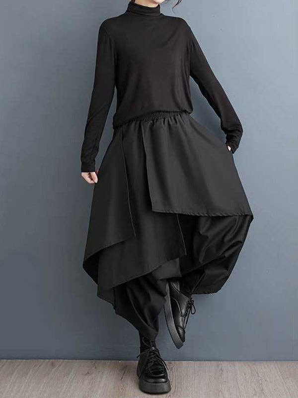 BLACK High Waisted Loose Asymmetric Elasticity Layered Solid Color Culotte for wholesale on Faire4