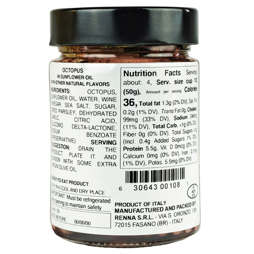 Wholesale Italian Food - Wholesale Tinned Fish - Renna, Fresh & Delicious Whole Octopus Tentacles in Oil, Tender, 10.58 oz1