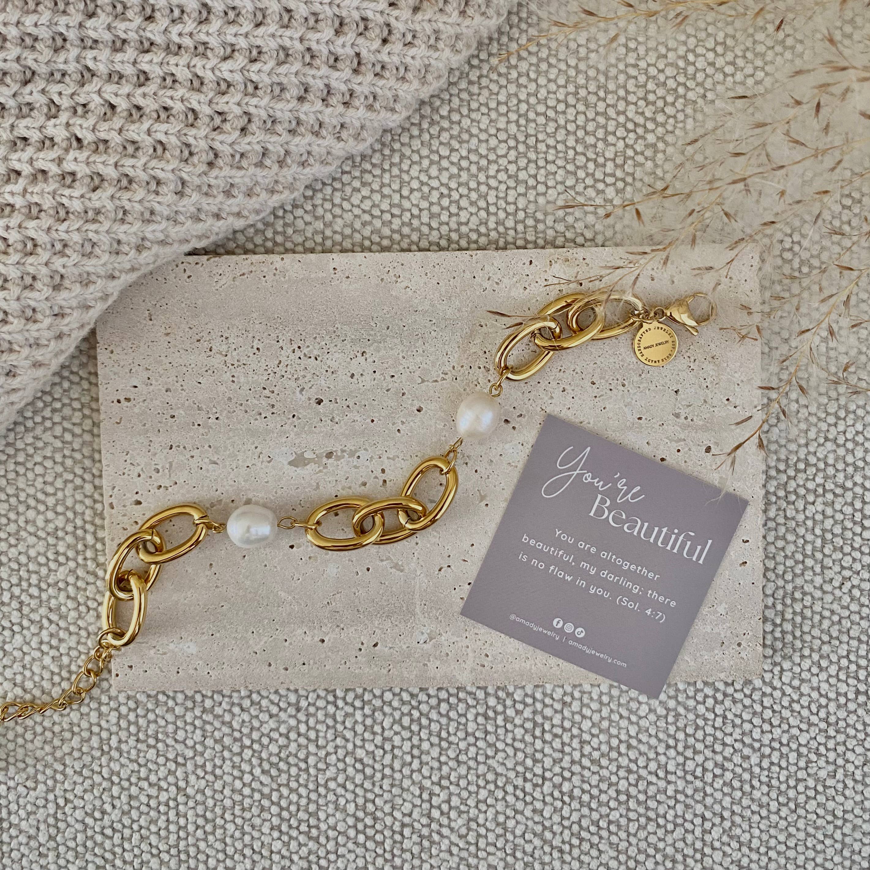 Amady Jewelry - Wholesale Link & Chain Bracelet - Oval chain big pearl bracelet 18k gold plated stainless stee8