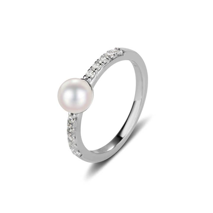 Cherished Moments - Wholesale Band/Stacked Ring - Sterling Silver Freshwater Pearl Baby Ring w CZ for Kids