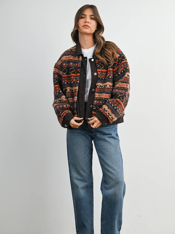 Patterned Button-Front Fleece Jacket - BMJ8152 for wholesale by BUTTERMELON