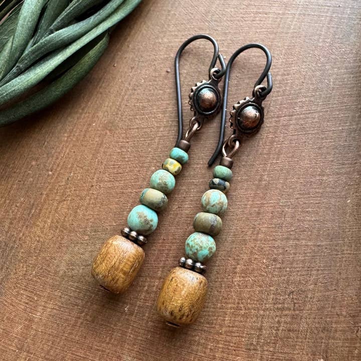 Beaded Wood Earrings Turquoise Copper Gemstone Stacked Bead for wholesale by Vintage Earth