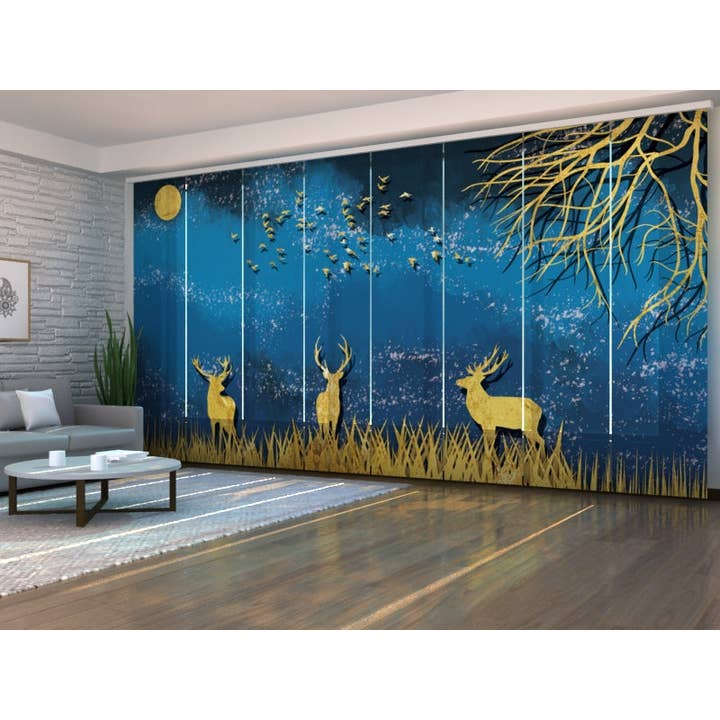 Set di 8 Tende a Pannello Cervo Dorato nella Notte Blu per la vendita all'ingrosso da parte di IlyDecor