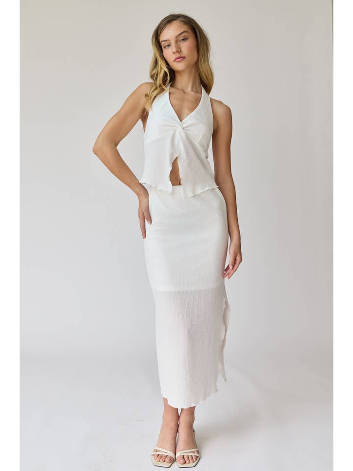 Peach PT17943 - Zoe Textured Knit Halter Top And Midi Skirt Set for wholesale on Faire