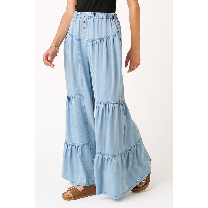 mittoshop - Wholesale Pants - Women's - WASHED CHAMBRAY TIERED WIDE LEG BUTTON FRONT PANTS13
