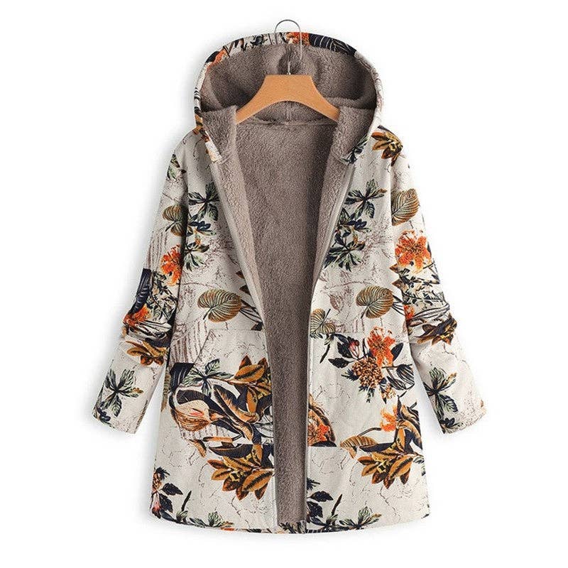 FurDecoration - Wholesale Jacket - Women's - Vintage Floral Print Hooded Long Sleeve Jacket8