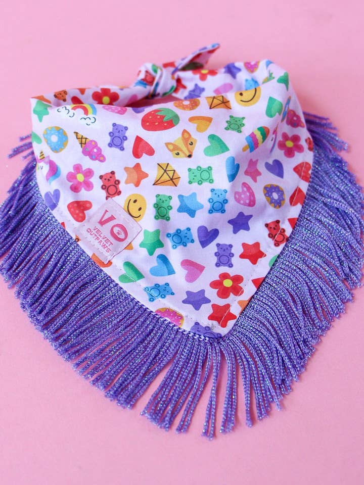 Rainbow Candy Party Fringe Dog Bandana for wholesale by Velvet Outlaw