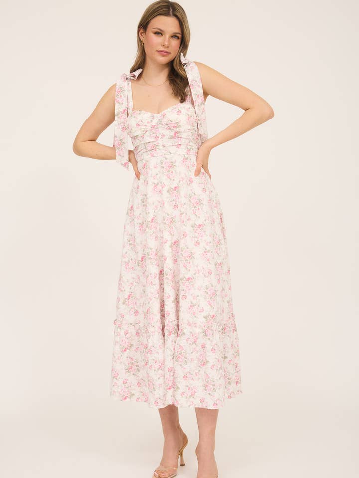 Blu Pepper - Wholesale Dress - Women's - FLORAL TIE STRAP RUCHED DETAIL MAXI DRESS