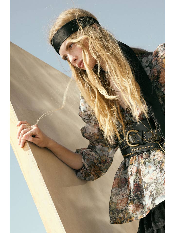 BLACK Floral-Print Organza Puff-Sleeve Peplum Top for wholesale on Faire4