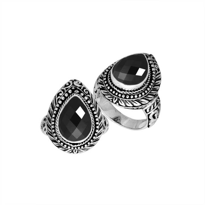 AR-8028-OX Sterling Silver Designer Pear Shape Black Onyx Ring With Traditional Balinese Carving for wholesale by Bali Designs