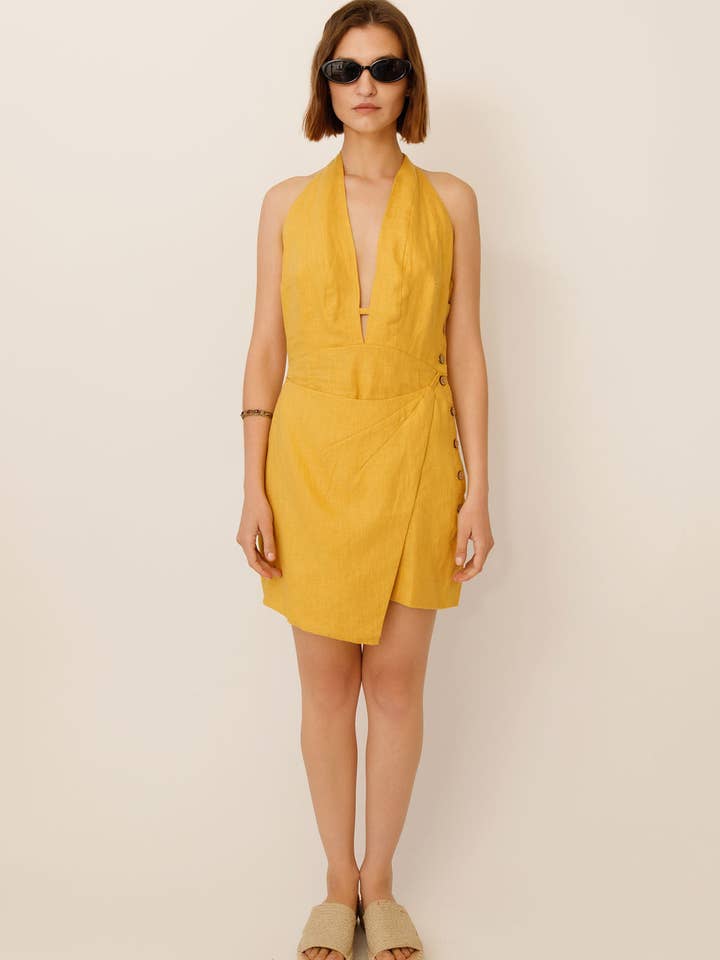 WUESTE - Wholesale Dress - Women's - Kaili Deep V Linen Mini Dress2