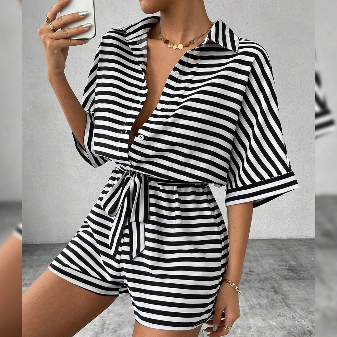 UNISHE - Wholesale Romper - Women's - Summer Striped Lapel Button-Up Belted Shorts Romper AXR12910