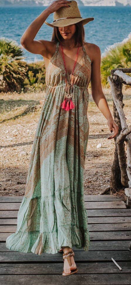 Miss Kitsch - Wholesale Dress - Women's - IBIZA DRESS Boho Long Silk Dress, Sea Green and Gold4