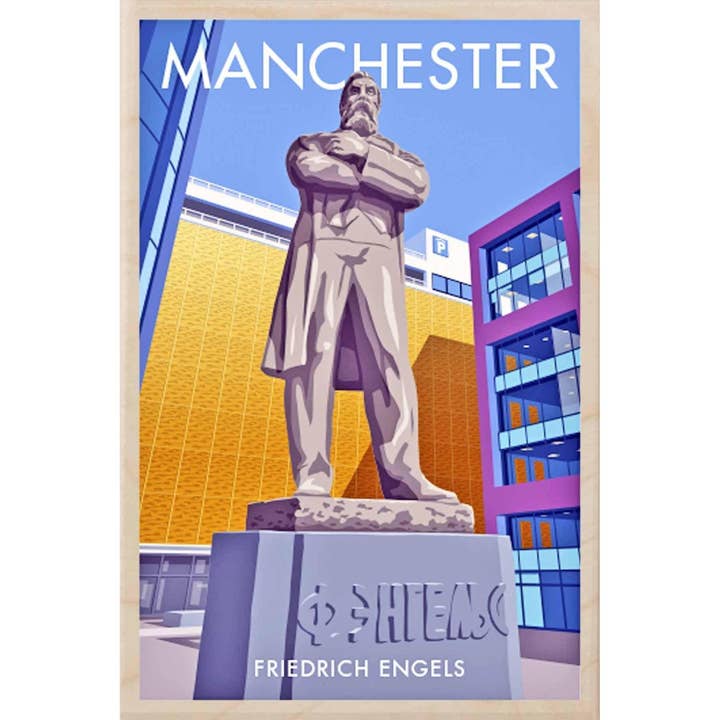 THE WOODEN POSTCARD COMPANY – wholesale Postcard – MANCHESTER ENGELS STATUE wooden postcard, wooden magnet