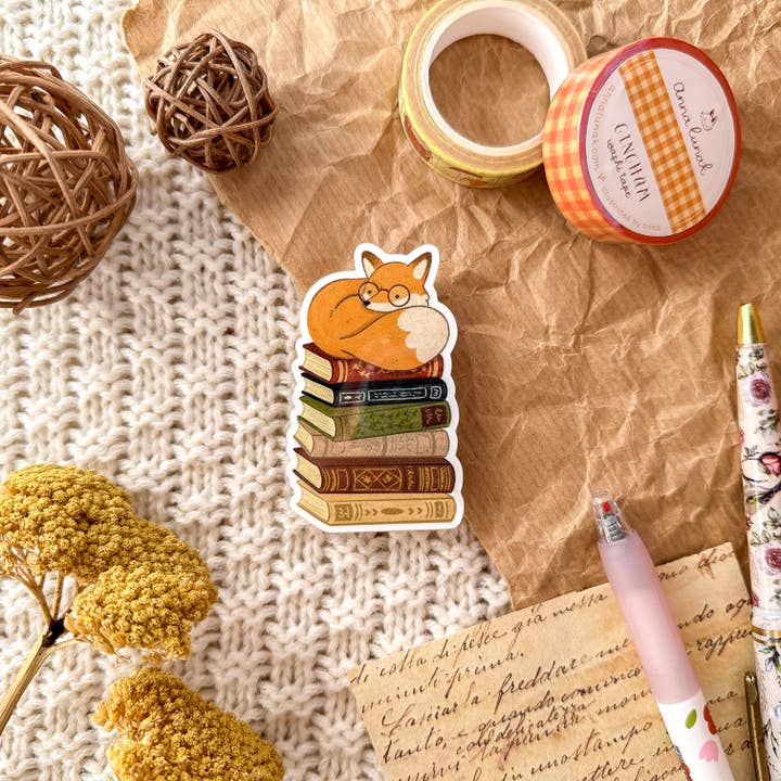 Vinyl Sticker - Book Lover Fox for wholesale by annalunakdraws