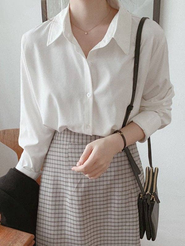 Basis Fancy - Wholesale Buttoned-down shirt – Women's - Long Sleeves Plus Size Buttoned Comfort Solid Color Lapel Blouses&Shirts Tops0