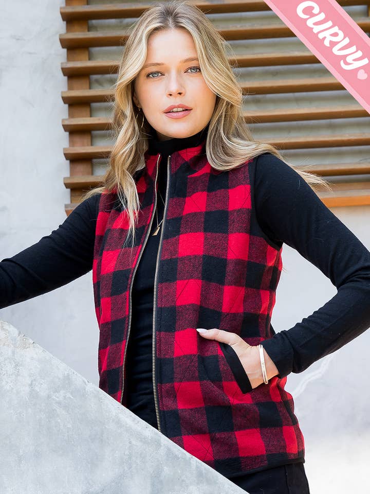 ST7015PL PLAID QUILTED ZIP-UP VEST for wholesale by Sweet Lovely by Jen