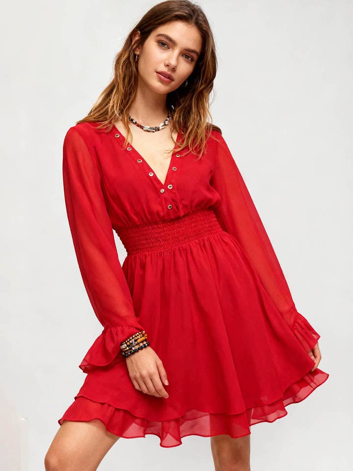 Abito mini da donna con scollo a V, vita arricciata con occhielli e maniche svasate. per la vendita all'ingrosso da parte di Sweetkama