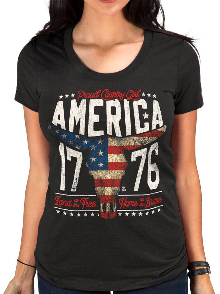 Camiseta estampada America Steer Skull para mujer para venta al por mayor de Country Girl Store