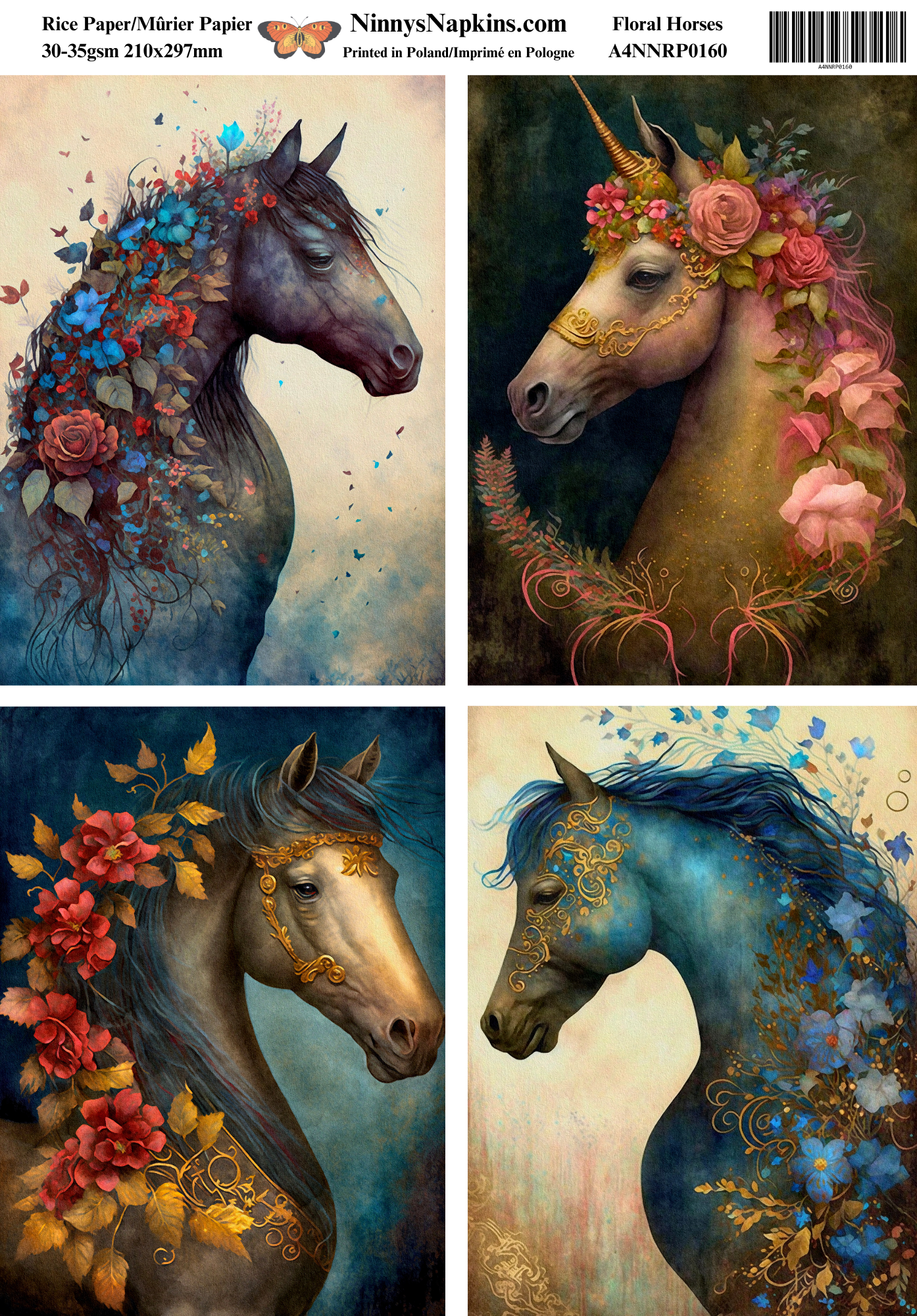 Ninnys Napkins - Wholesale Craft Supplies - Ninny's Decoupage Rice Paper - Floral Horses0