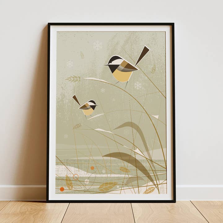 Chickadees in the snow - Retro print for wholesale by Mr Watson Design