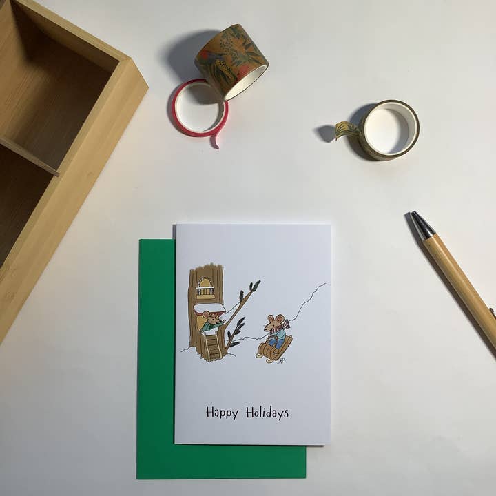 Adorable sledding mouse Christmas card for wholesale by Little Red Fox Designs