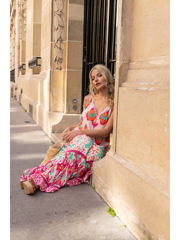 Pink Long dress with thin straps, ethnic print with Lurex for wholesale on Faire4