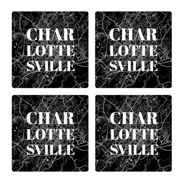 Minimalistic B&W Virginia Charlottesville Map | Absorbent Coasters | Set of 4 | Min 2 for wholesale by Love Local
