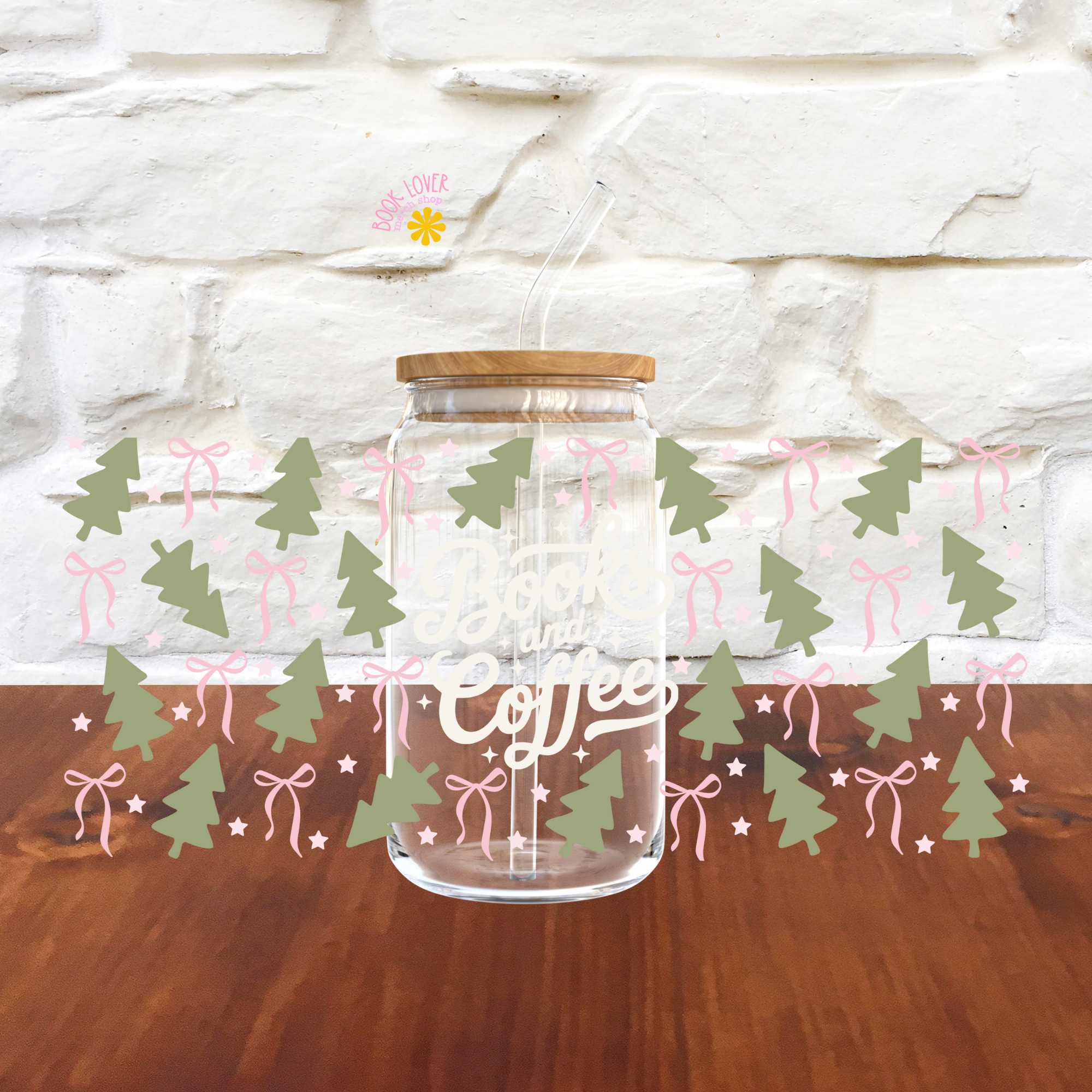 Book Lover Merch Shop – Großhandel Trinkglas/Tasse – Weihnachtsbücher und Kaffee 16 OZ Glasdose UV DTF FOLIE2