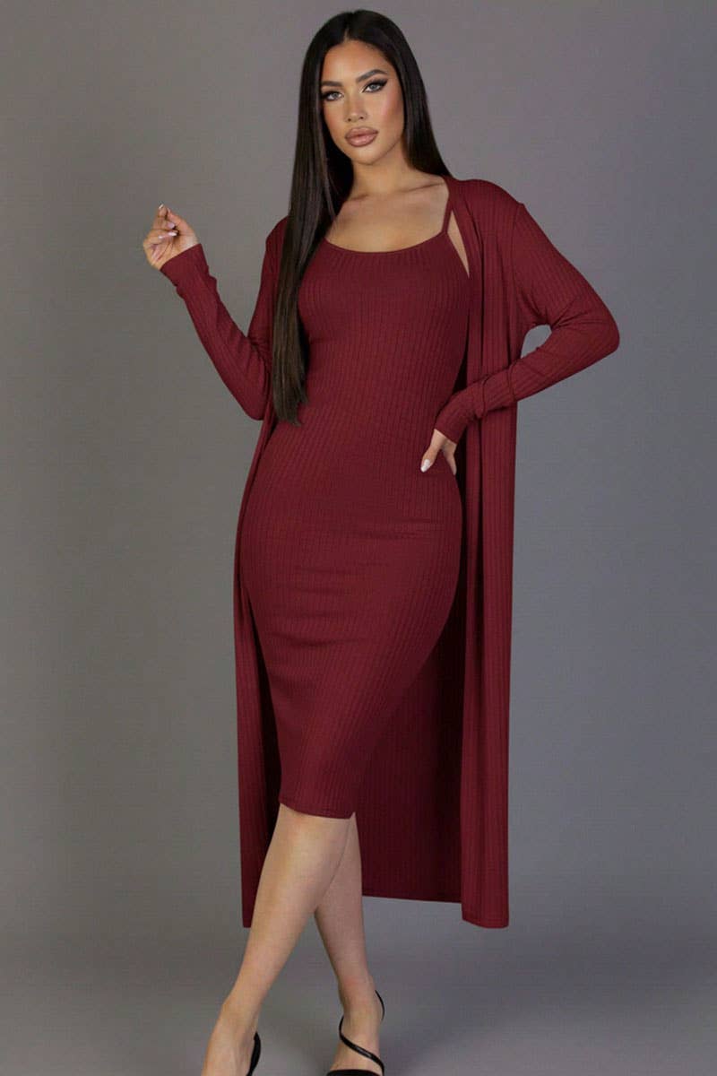 CAPELLA APPAREL - Wholesale Dress - Women's - Ribbed Cardigan & Cami Midi Bodycon Dress6