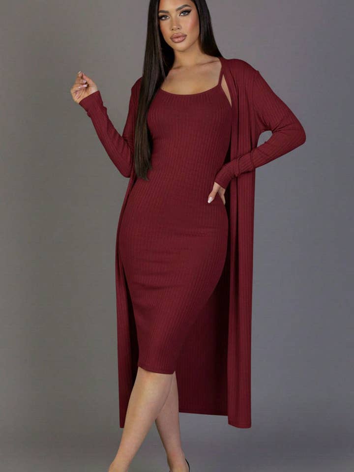 CAPELLA APPAREL - Wholesale Dress - Women's - Ribbed Cardigan & Cami Midi Bodycon Dress6