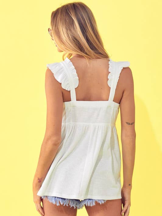 Bianco Off Top Babydoll lavorato a costine, cinturino arricciato, bottoni sul retro - 40075T in vendita all'ingrosso su Faire0