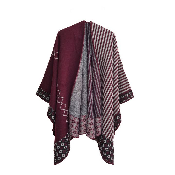 ACCITY - Wholesale Poncho - Women's - SIMPLE SPLIT SHAWL WITH DIAMOND GEOMETRIC PATTERN_CWASC02892