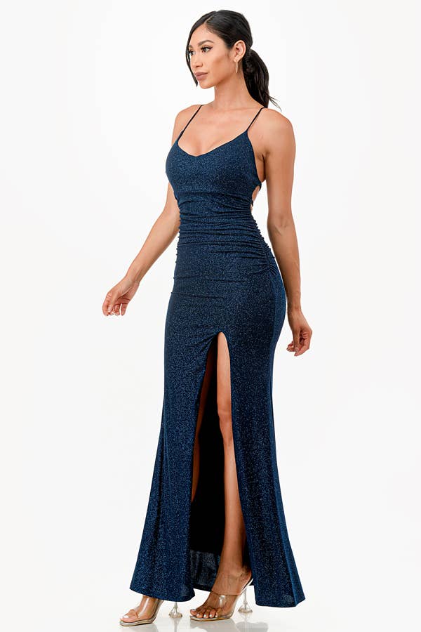 La Scala - Wholesale Dress - Women's - Glittered ITY Back lace up mermaid dress with waist shirring29