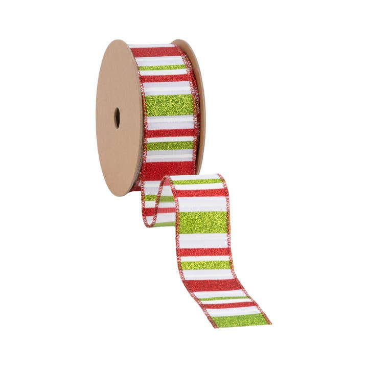 LA Ribbons Wholesale - Wholesale Ribbon - Gift Wrapping - 1 1/2" Wired Ribbon | Red, Green, White Horizontal Glittered Stripes on White | 10 Yard Roll
2