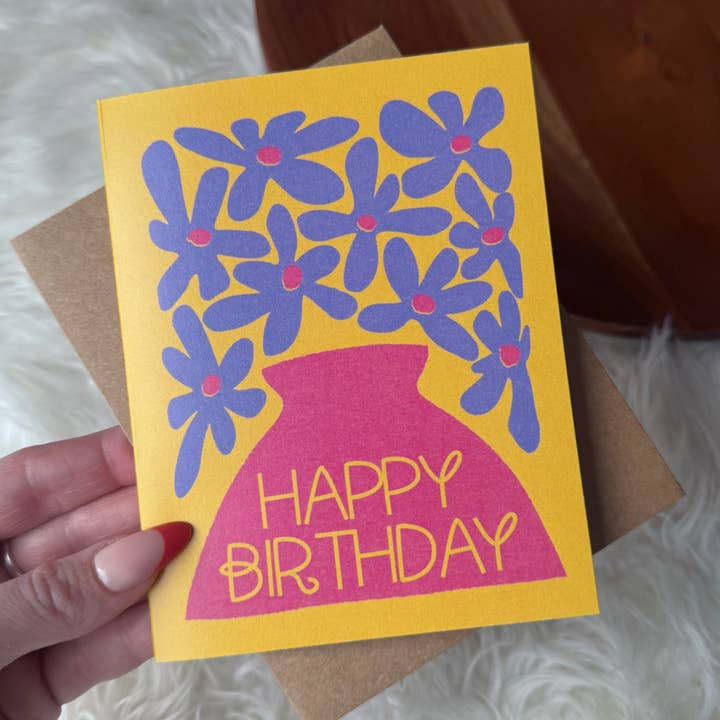 Happy Birthday Purple Flowers Pink Vase Abstract Card for wholesale by Big Moods
