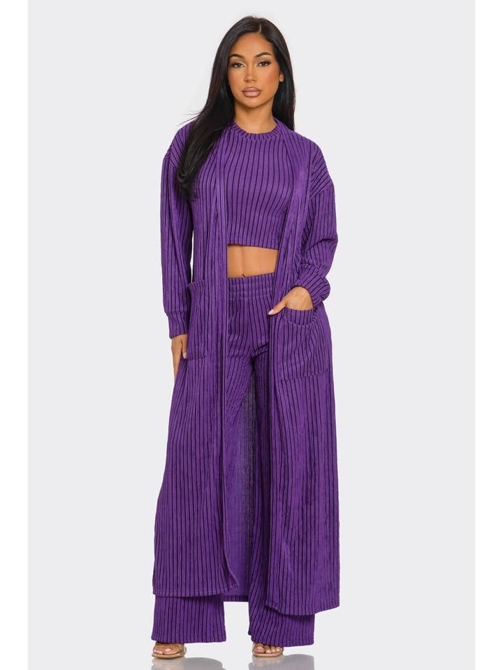 3 Piece Striped Cardigan Set Pants And Crop Top for wholesale by FashionShowcase