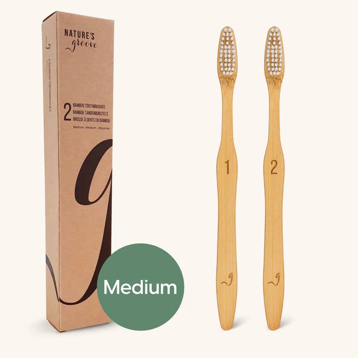 Cepillos de dientes de mano de bambú sostenibles, medianos, juego de 2 para venta al por mayor de NATURE'S groove
