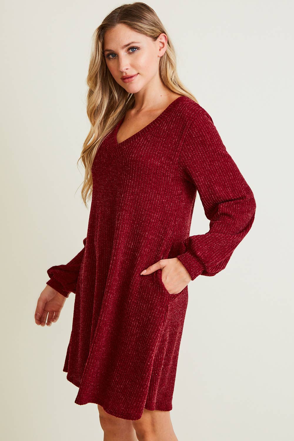 Saints & Hearts - Wholesale Dress - Women's - SD2109A WINE V-NECK RIB SWEATER DRESS - FALL TREND3