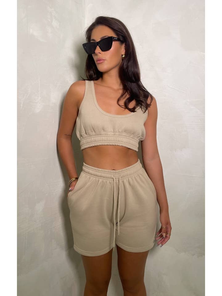 Femme Luxe - Wholesale Lounge Set - Women's - Stone Sleeveless Crop Top & Shorts Two Piece Set - Oula1
