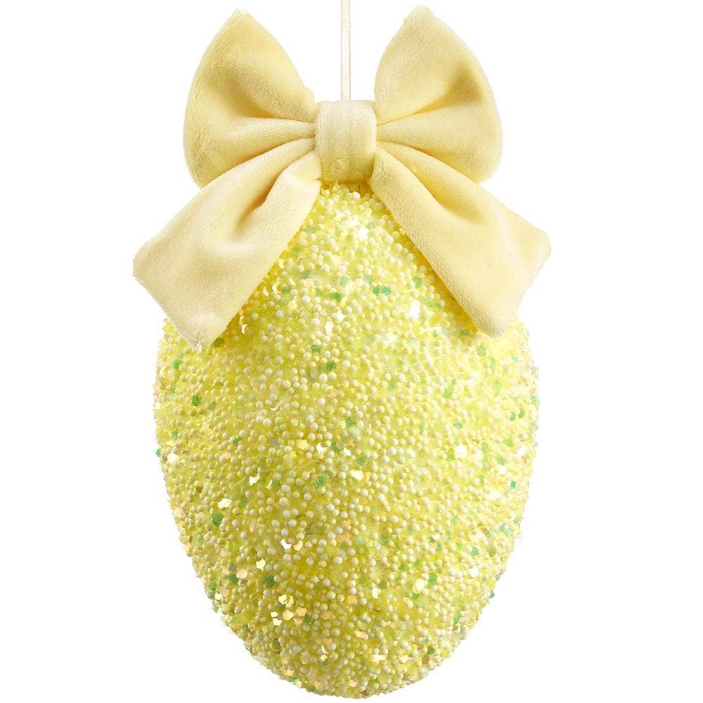 Dunn Deals – wholesale Ornament – 7.5" Glittered Egg Ornament With Bow Yellow0
