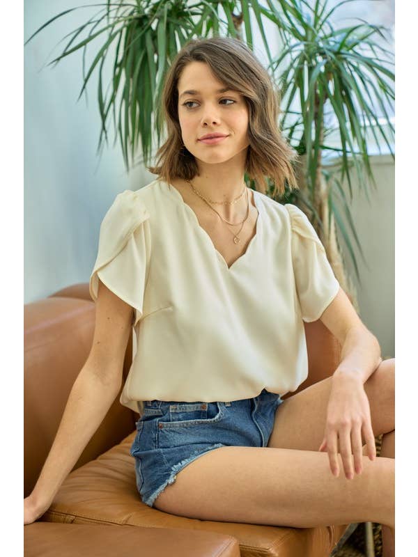 Doe and Rae – Blusa - Mulher por atacado – Manga Tulipa Scallop Neck - 41043T8