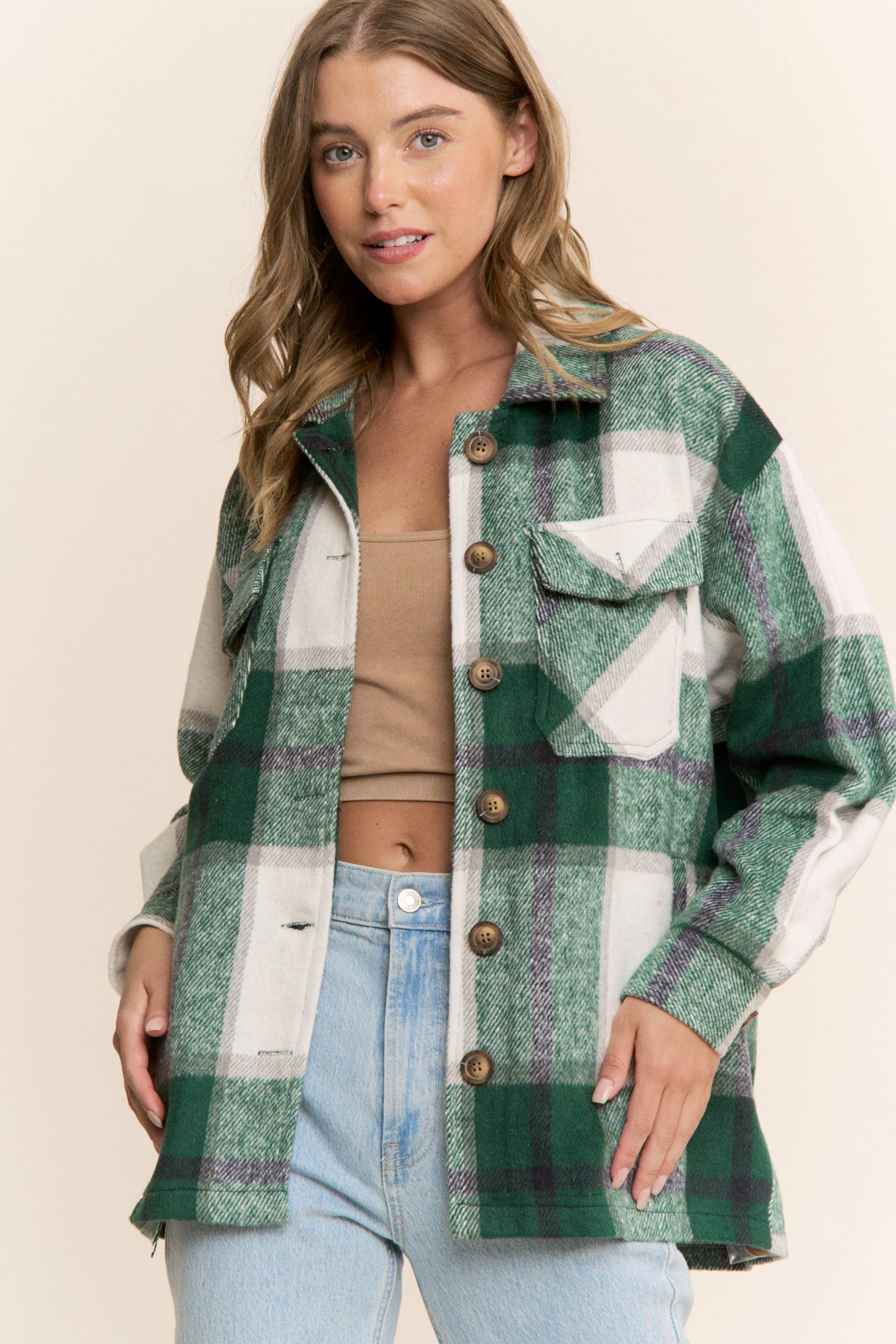 Sweet Generis - Wholesale Shirt Jacket/Shacket - Women's - FUZZY PLAID BUTTON DOWN FLANNEL SHIRT JACKET42