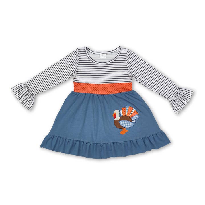 Long sleeves stripe turkey ruffle girls Thanksgiving dress for wholesale by Yawoo Garments