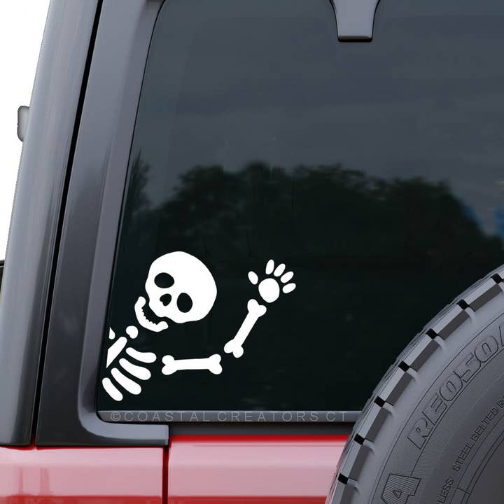 Coastal Creators of Connecticut - Wholesale Sticker - Skeleton Waving Car Window Decal (White, Packaged)