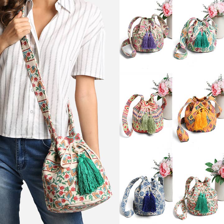 Variety Pattern Crossbody Bucket Bag & Tassels for wholesale by Fashion City