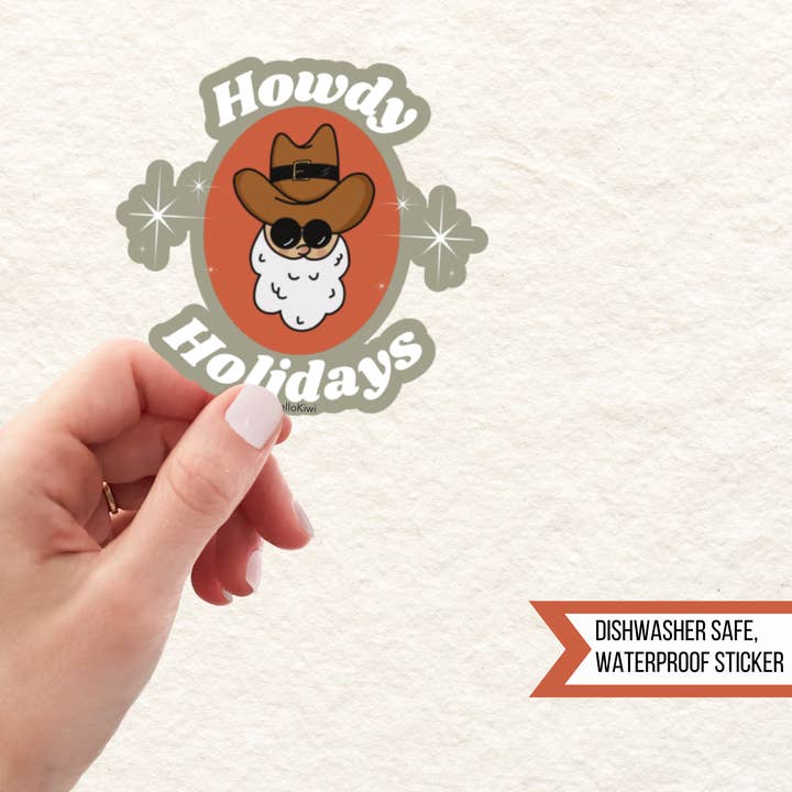 Howdy Holidays, Cowboy Santa Christmas Waterproof Sticker for wholesale by Hello Kiwi