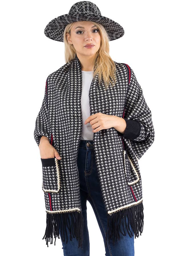 Cap Zone - Wholesale Poncho - Women's - Narrow Tri-Stripe Houndstooth Cardigan Sweater Poncho11