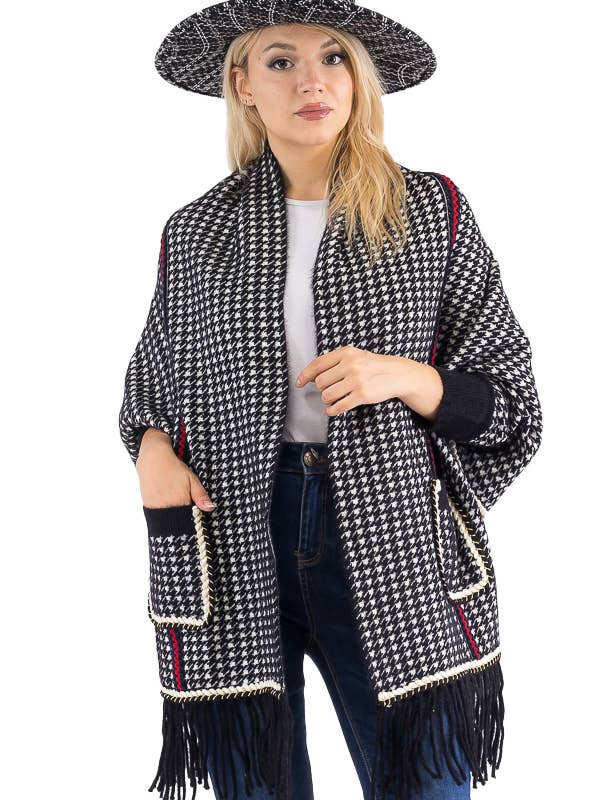 Cap Zone - Wholesale Poncho - Women's - Narrow Tri-Stripe Houndstooth Cardigan Sweater Poncho11