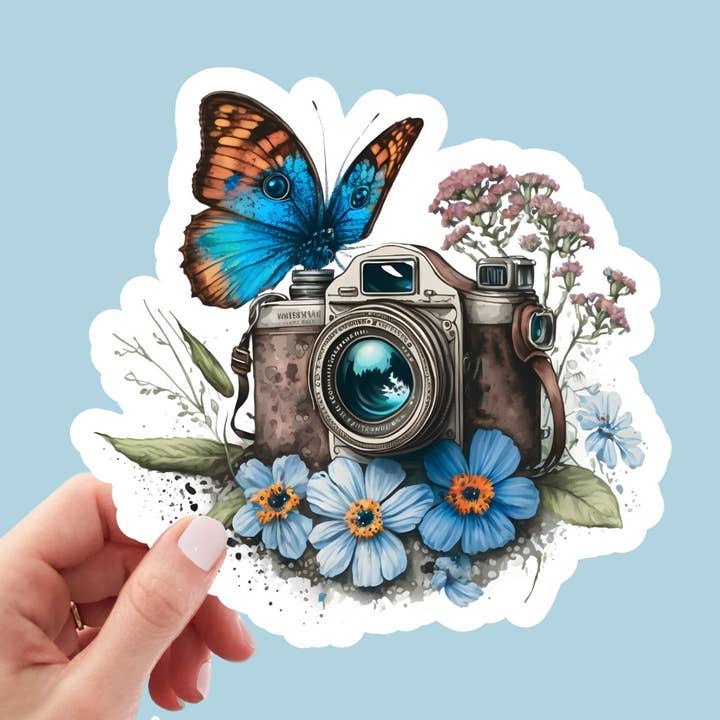 Floral Camera with Butterfly Watercolor Sticker / Waterproof for wholesale by Kenjia Design